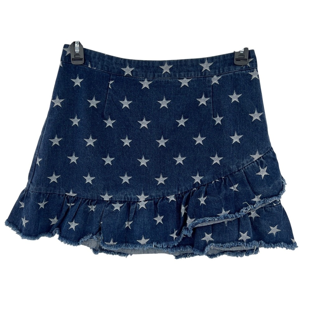 Mittoshop‎ Boutique Star Print Denim Mini Skirt Size M Blue Ruffle Hem Y2K NWT